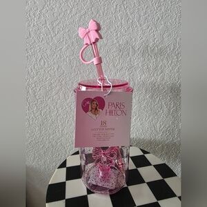 NWT Paris Hilton Pink Glitter 18oz Sipper Cup with Bow Straw